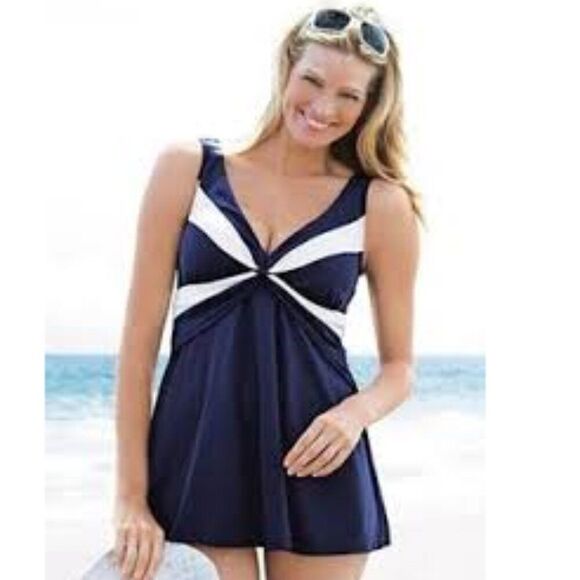 Robby Len Swimdress Size 20W Navy Blue & White EUC - Picture 1 of 15